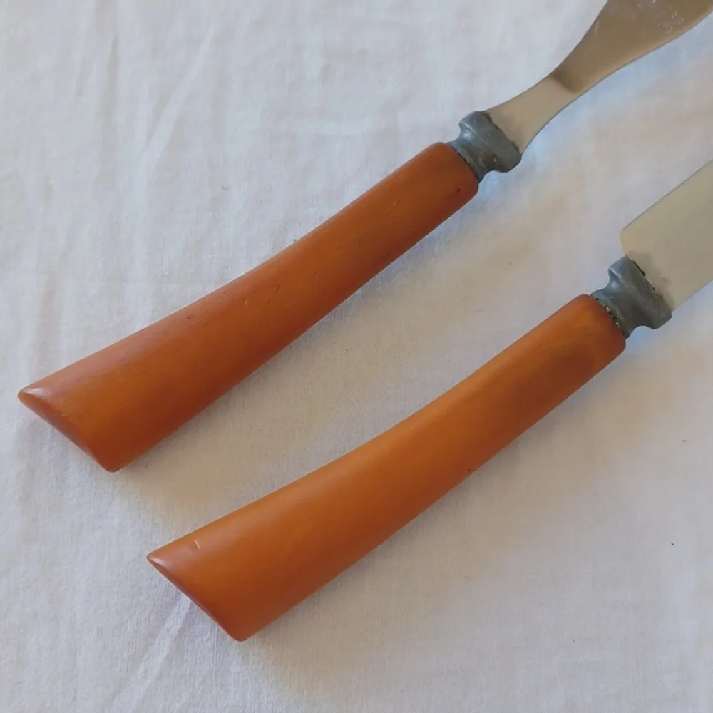 2 PIECE SET Vintage Bakelite Carving Knife & Fork Stainless Steel Butterscotch